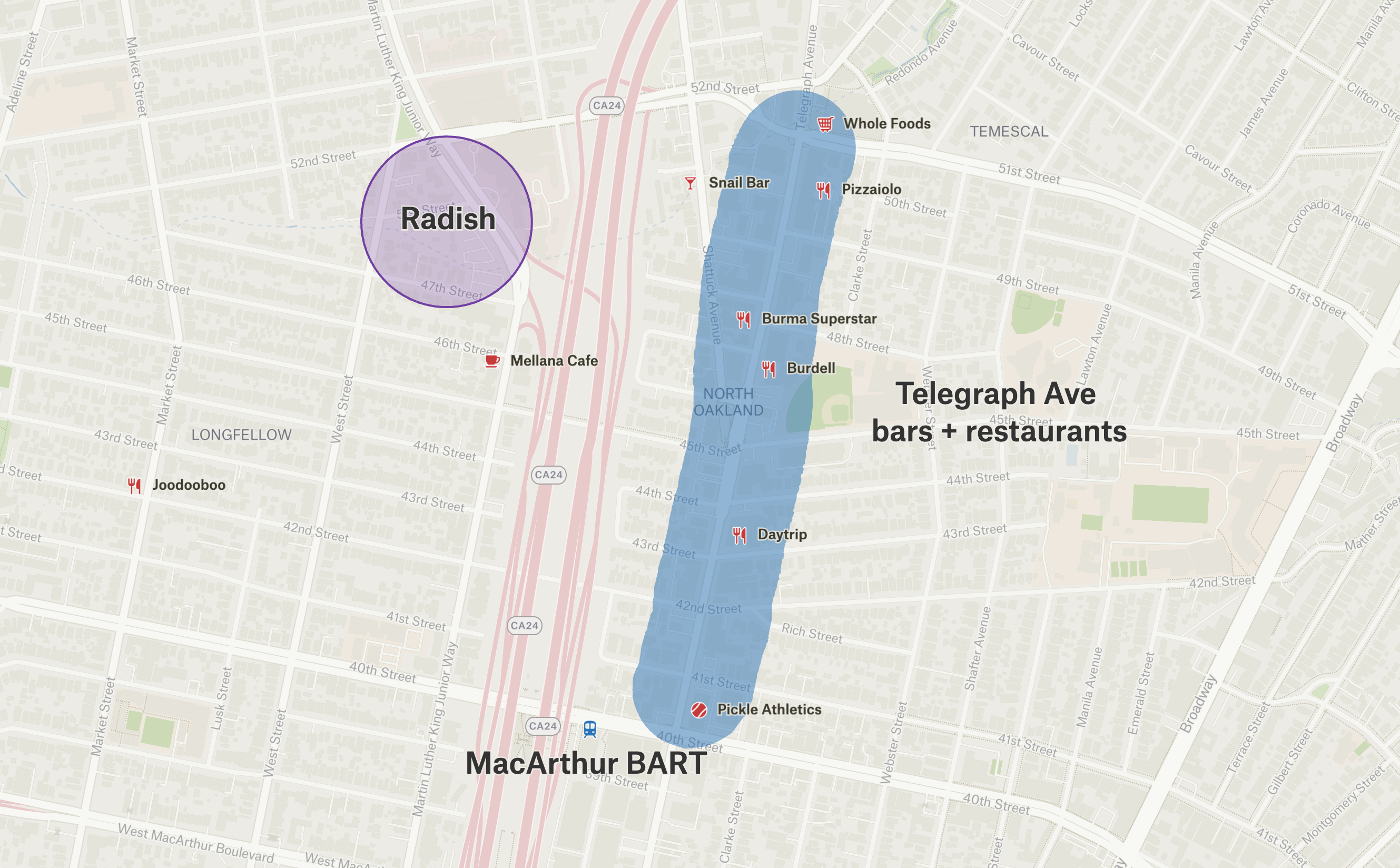 Map showing Radish location in Temescal/Longfellow neighborhood of Oakland with favorite nearby places marked
